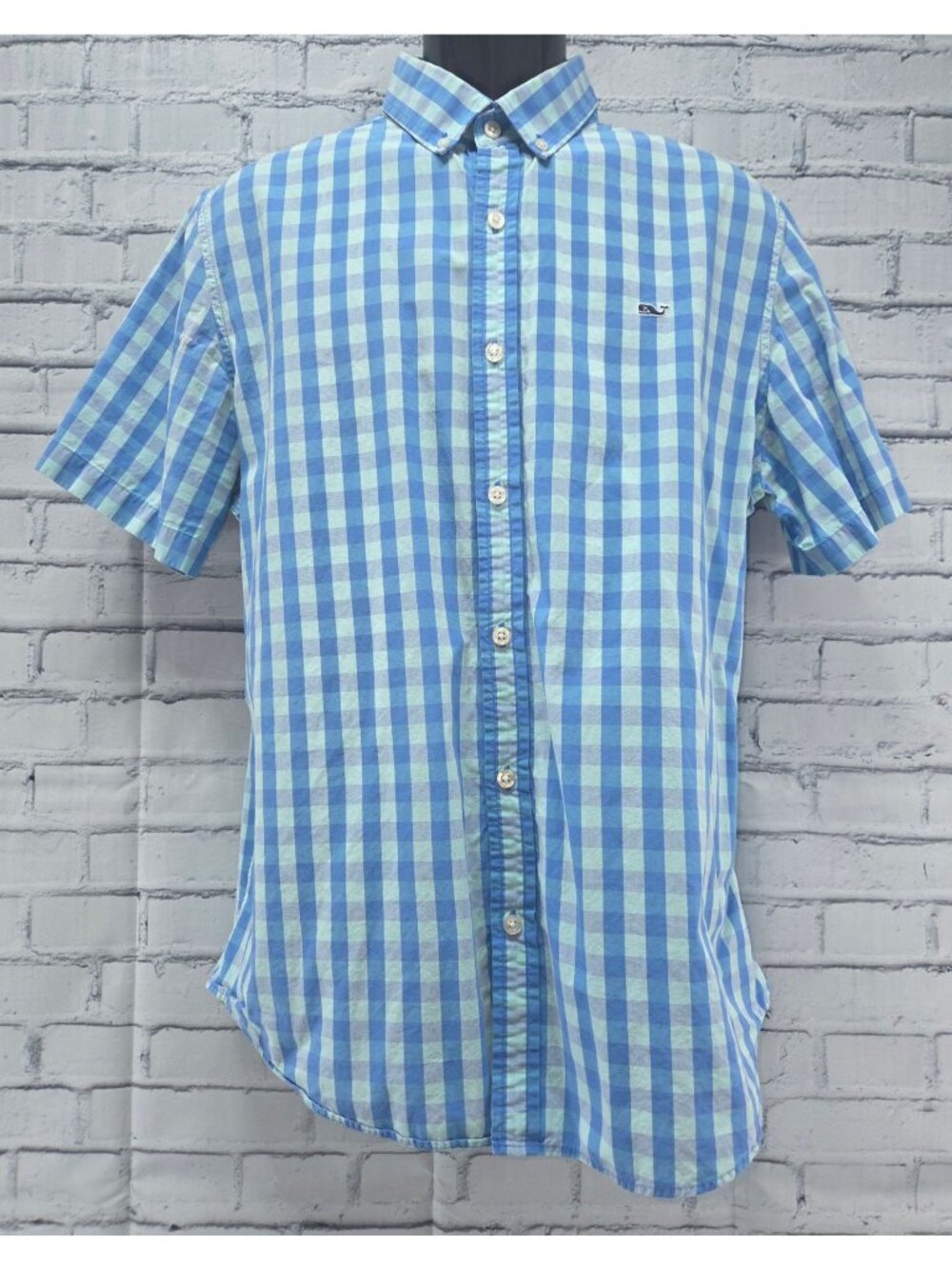 Vineyard Vines Mens Slim Fit Blue Gingham Whale Shirt Large 100% Cotton
